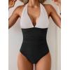 imageEomenie Womens One Piece V Neck Halter Swimsuits 2025 Tummy Control Slimming Bathing Suit Push Up Color Block SwimwearWhite and Black