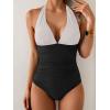 imageEomenie Womens One Piece V Neck Halter Swimsuits 2025 Tummy Control Slimming Bathing Suit Push Up Color Block SwimwearWhite and Black