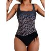 imageEomenie One Piece Swimsuit for Women Tummy Control Ruched Slimming Bathing Suit Drawstring Leopard SwimwearBlack Orange Print