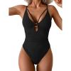 imageEomenie Womens One Piece Tummy Control Swimsuit V Neck Cutout Bathing Suit with Ring Linked Swim Suit High Cut Swimwear