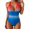 imageEomenie Womens One Piece V Neck Halter Swimsuits 2025 Tummy Control Slimming Bathing Suit Push Up Color Block SwimwearGradient Red Blue