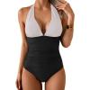 imageEomenie Womens One Piece V Neck Halter Swimsuits 2025 Tummy Control Slimming Bathing Suit Push Up Color Block SwimwearWhite and Black