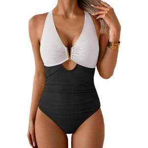 imageEomenie One Piece Swimsuit for Women Tummy Control Cutout Bathing Suit V Neck Tie Back Swim SuitBlack White