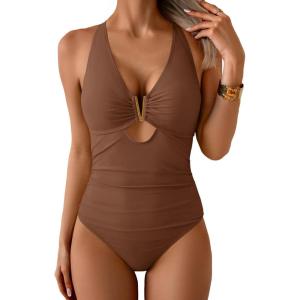 imageEomenie One Piece Swimsuit for Women Tummy Control Cutout Bathing Suit V Neck Tie Back Swim SuitBrown