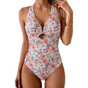 imageEomenie One Piece Swimsuit for Women Tummy Control Cutout Bathing Suit V Neck Tie Back Swim SuitPink Blue Floral