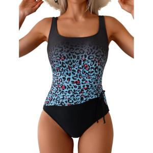 imageEomenie One Piece Swimsuit for Women Tummy Control Ruched Slimming Bathing Suit Drawstring Leopard SwimwearBlack Pink Leopard