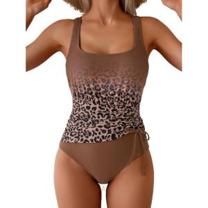 imageEomenie One Piece Swimsuit for Women Tummy Control Ruched Slimming Bathing Suit Drawstring Leopard SwimwearBrown Leopard