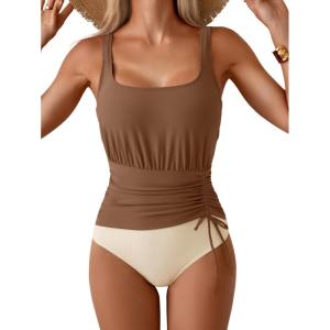 imageEomenie One Piece Swimsuit for Women Tummy Control Ruched Slimming Bathing Suit Drawstring Leopard SwimwearBrown and Beige