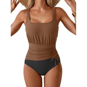 imageEomenie One Piece Swimsuit for Women Tummy Control Ruched Slimming Bathing Suit Drawstring Leopard SwimwearBrown and Black