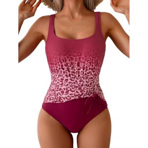 imageEomenie One Piece Swimsuit for Women Tummy Control Ruched Slimming Bathing Suit Drawstring Leopard SwimwearPurple Leopard