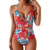 image:imageEomenie One Piece Swimsuit for Women Tummy Control Ruched Bathing Suit V Wire Neck Slimming Swim SuitsRed Blue Floral