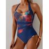 image:imageEomenie Womens Halter One Piece Swimsuit Tummy Control Color Block Bathing Suit Slimming Backless High Waisted SwimwearColorful Leaf Print  Black