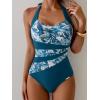 image:imageEomenie Womens Halter One Piece Swimsuit Tummy Control Color Block Bathing Suit Slimming Backless High Waisted SwimwearLeaf Print  Peacock Blue