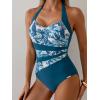 image:imageEomenie Womens Halter One Piece Swimsuit Tummy Control Color Block Bathing Suit Slimming Backless High Waisted SwimwearLeaf Print  Peacock Blue