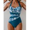 image:imageEomenie Womens Halter One Piece Swimsuit Tummy Control Color Block Bathing Suit Slimming Backless High Waisted SwimwearLeaf Print  Peacock Blue