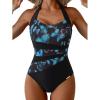image:imageEomenie Womens Halter One Piece Swimsuit Tummy Control Color Block Bathing Suit Slimming Backless High Waisted SwimwearBlue Butterfly  Black