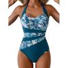 image:imageEomenie Womens Halter One Piece Swimsuit Tummy Control Color Block Bathing Suit Slimming Backless High Waisted SwimwearLeaf Print  Peacock Blue