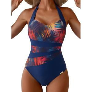 image:imageEomenie Womens Halter One Piece Swimsuit Tummy Control Color Block Bathing Suit Slimming Backless High Waisted SwimwearColorful Leaf Print  Black
