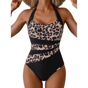 image:imageEomenie Womens Halter One Piece Swimsuit Tummy Control Color Block Bathing Suit Slimming Backless High Waisted SwimwearLeopard Print  Black